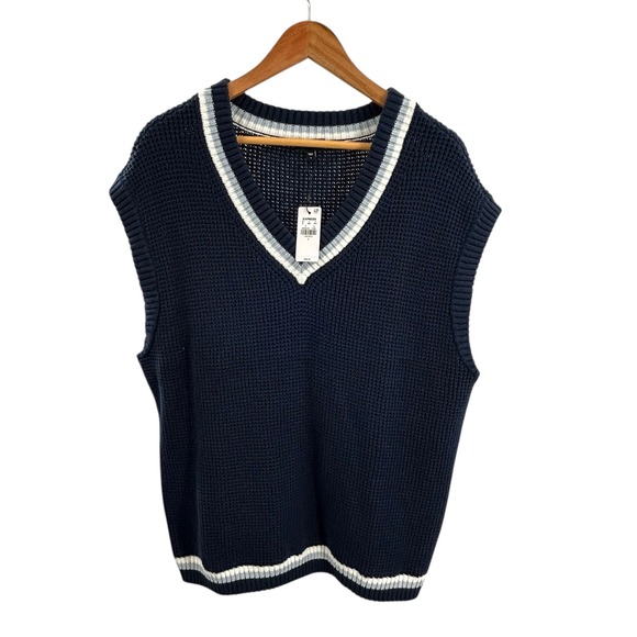 Mens Express Navy Blue V Neck Sleeveless Sweater Vest Size L Waffle Knit - Picture 1 of 6